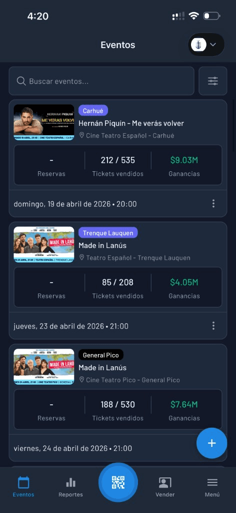 App mobile da Fanz — lista de eventos